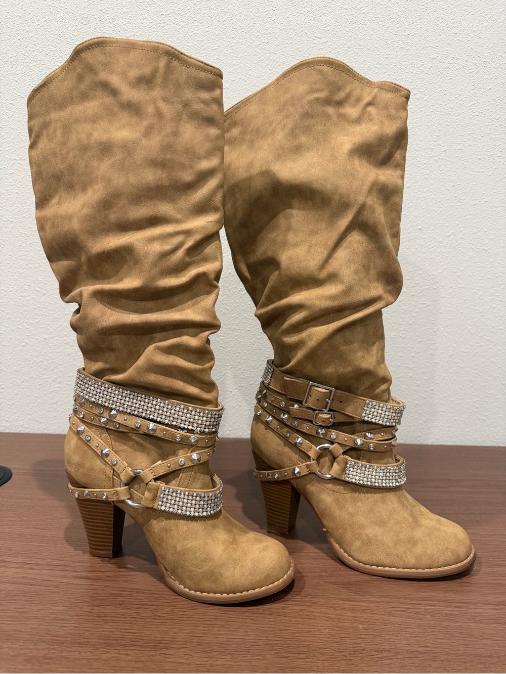 Not Rated Tan Rhinestone Studded Slouch Boots Women’s 8